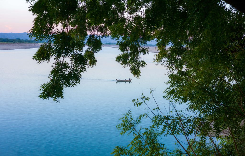 The river and a boat.
